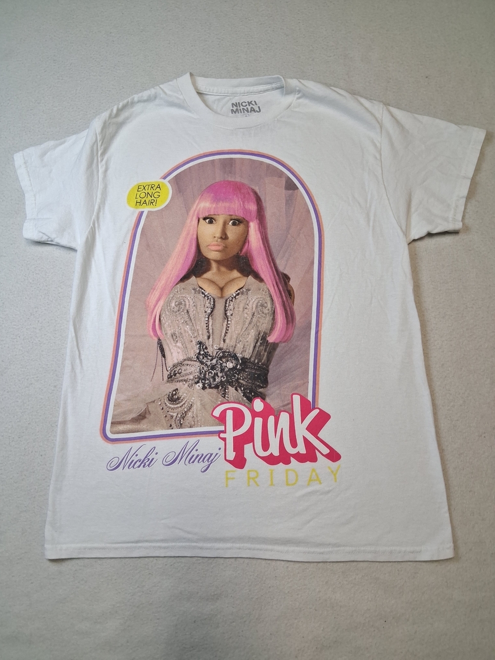 4/20$ Nicki Minaj White Tee with Pink Graphic Hair and Pink Logo
